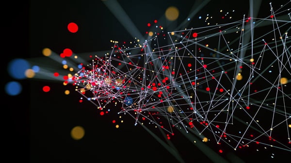 Abstract network of connected dots and lines on a dark background