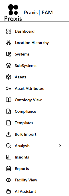 Praxis EAM navigation menu: dashboard, location hierarchy, systems, assets, compliance, insights, reports and AI assistant