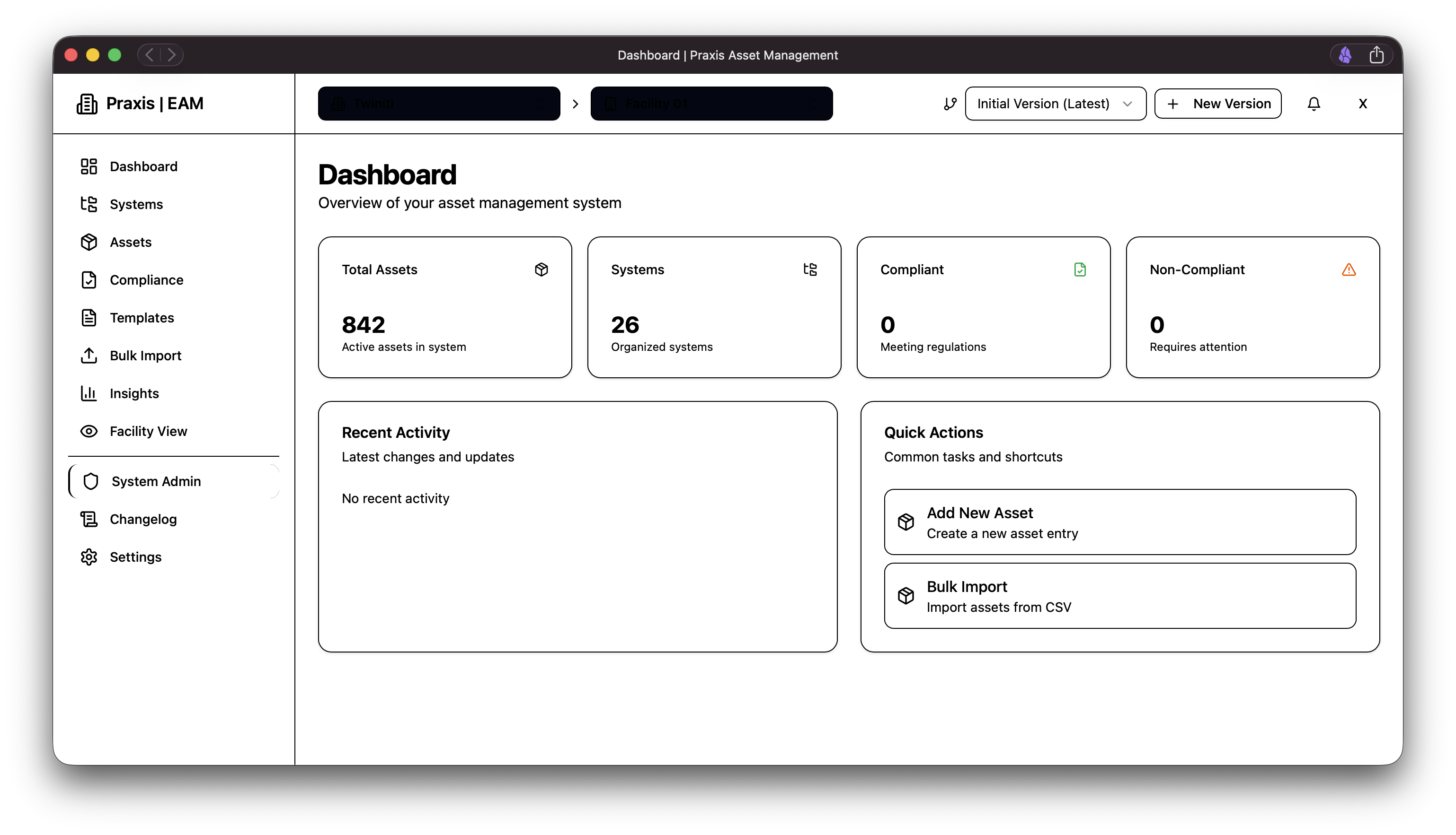 Praxis EAM dashboard showing total assets, systems and compliance status
