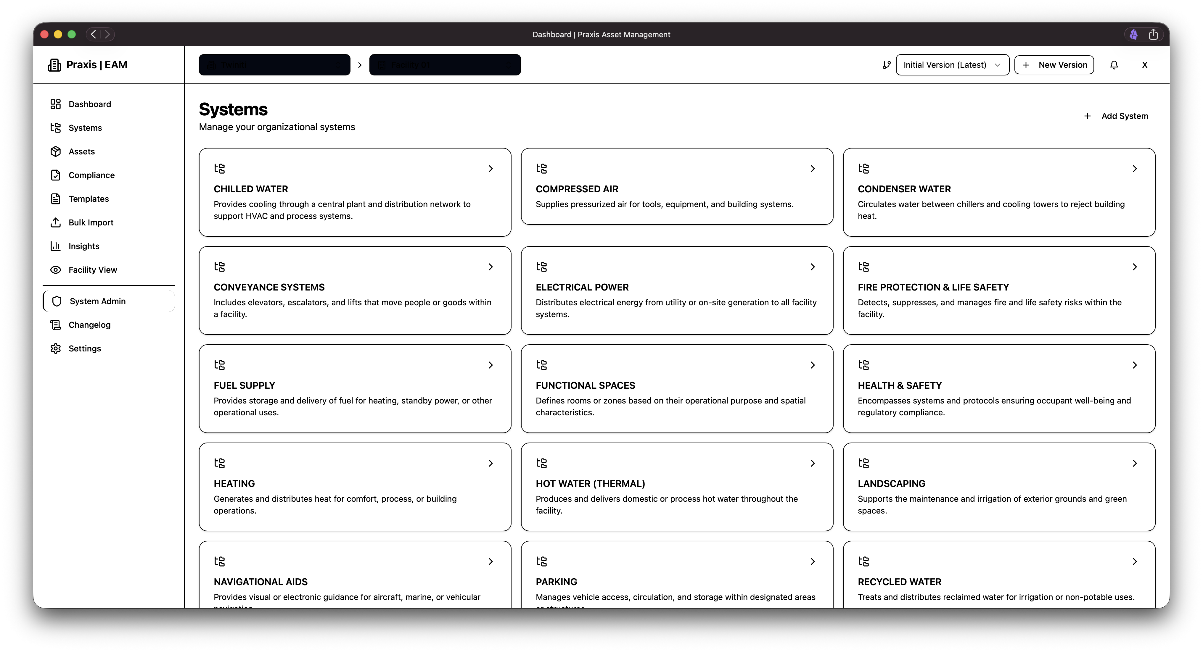 Praxis EAM systems view listing asset systems such as chilled water and electrical power