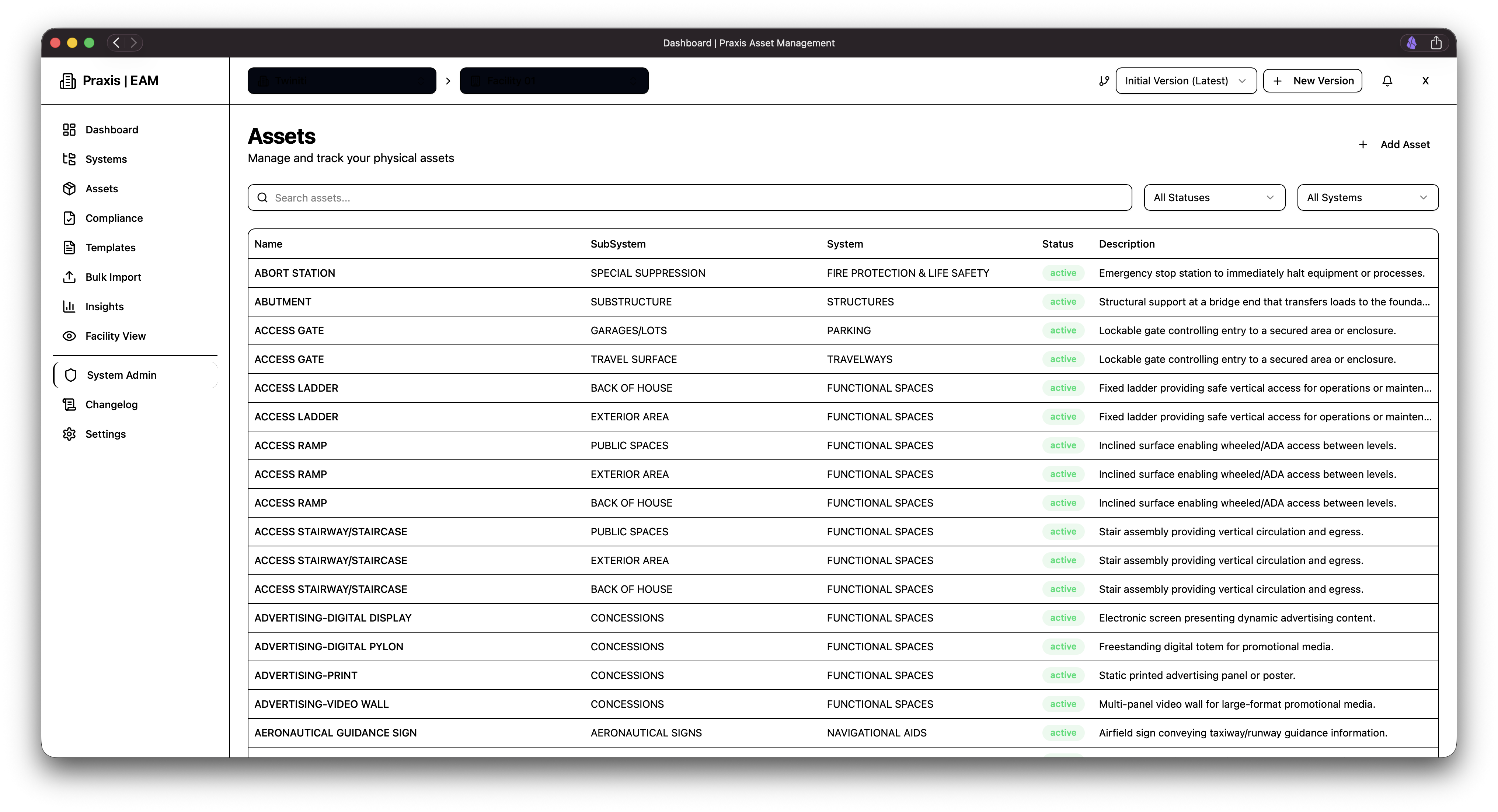 Praxis EAM assets table listing assets by subsystem, system and status