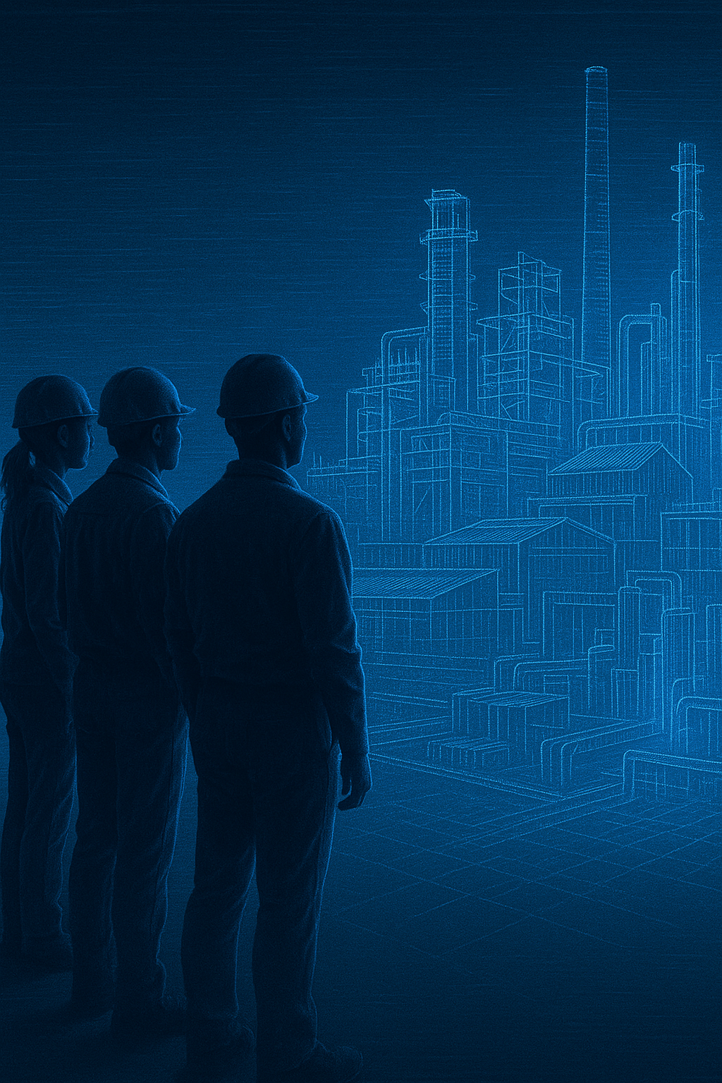Engineers silhouetted against an industrial blueprint