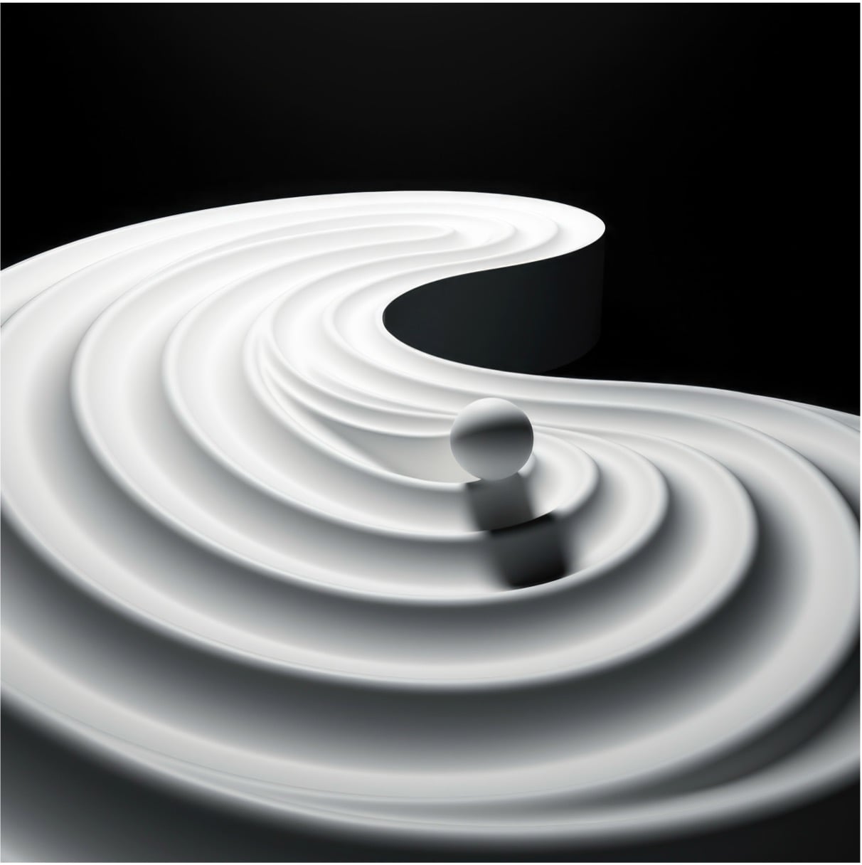 White sphere rolling along a spiral ramp, illustrating momentum